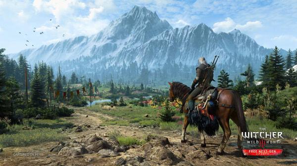 A screenshot from The Witcher 3: Wild Hunt shows Geralt on horseback, gazing at a vast, mountainous landscape.
