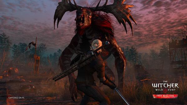 A screenshot from The Witcher 3: Wild Hunt shows Geralt facing a menacing fiend in a misty, desolate landscape at dusk.