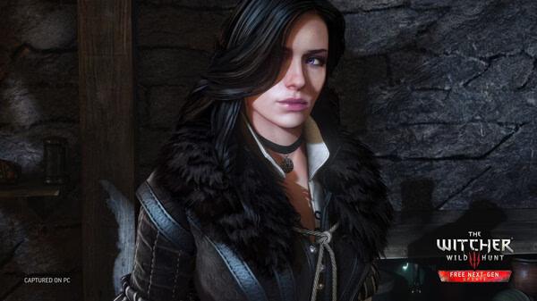 A screenshot from The Witcher 3: Wild Hunt showing a character in a black fur-lined outfit inside a dimly lit wooden room.