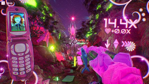 Screenshot from "Don't Stop, Girlypop!" showing a neon jungle, a flip phone display, and a character aiming a glowing weapon.