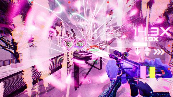 Screenshot from 'Don't Stop, Girlypop!' showing a vibrant pink battle scene with a weapon firing lasers and score multiplier displayed.