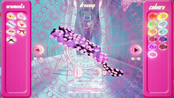 Screenshot from "Don't Stop, Girlypop!" showing a dress-up menu with ornaments, colors, and a purple accessory in focus.