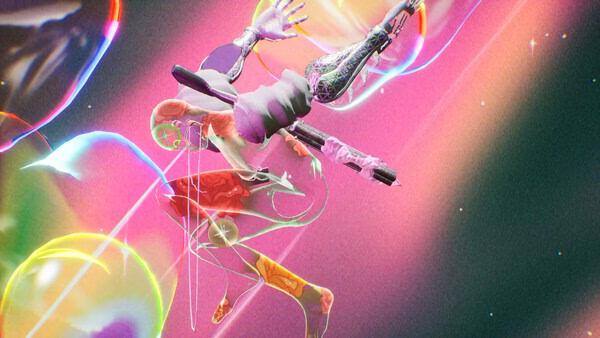 Screenshot from 'Don't Stop, Girlypop!' showing a surreal figure with colorful, abstract elements floating in a vibrant space.