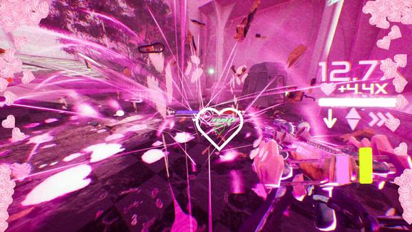 Screenshot from 'Don't Stop, Girlypop!' showing a vibrant pink combat scene with hearts, effects, and a player aiming a weapon.