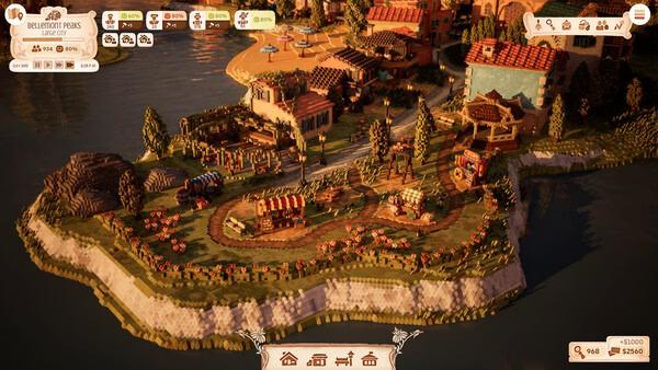 Screenshot from Town to City showing a vibrant coastal village with shops, pathways, and detailed houses on a small island.