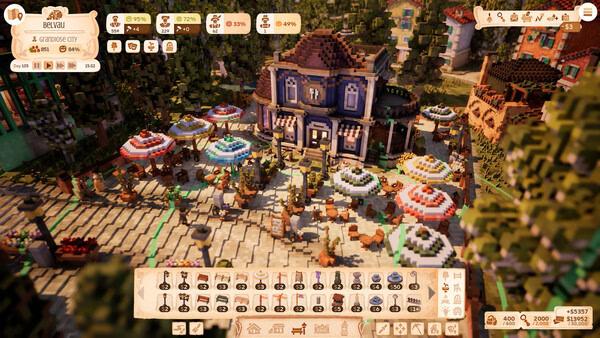 Screenshot from the game Town to City showing a bustling town square with colorful umbrellas, shops, and people.