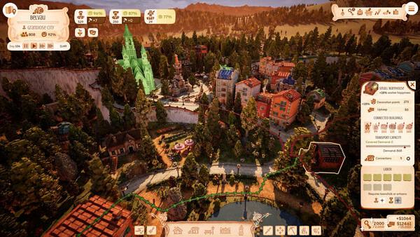 Screenshot from Town to City showing a vibrant town with colorful buildings, trees, a river, and a glowing green cathedral.