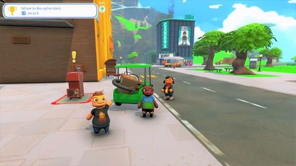 Screenshot from Totally Reliable Delivery Service showing three characters near a green cart on a colorful street.