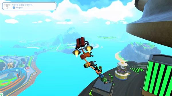 A screenshot from Totally Reliable Delivery Service showing a character flying with a jetpack over a colorful, hilly landscape.