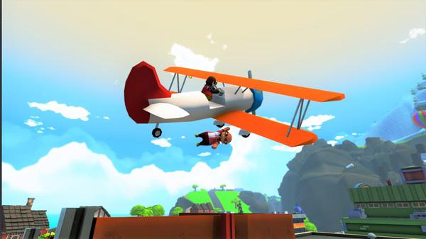 A screenshot from Totally Reliable Delivery Service showing a plane in flight with one character dangling mid-air below it.