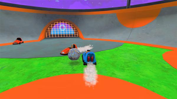 A screenshot from Totally Reliable Delivery Service showing players in jetpacks and vehicles pushing a ball in an arena.