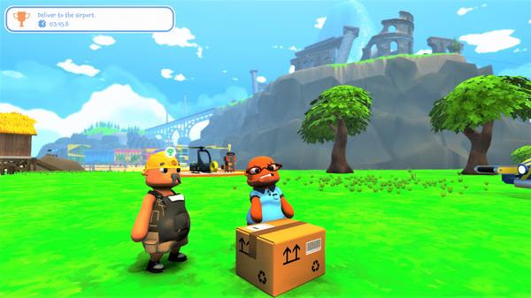 Screenshot from Totally Reliable Delivery Service showing two characters standing near a package on a grassy field.