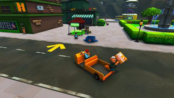 Screenshot from Totally Reliable Delivery Service showing two characters in an orange cart near buildings and a fountain.
