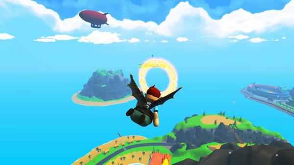 A screenshot from Totally Reliable Delivery Service showing a character gliding through a ring over a colorful island landscape.