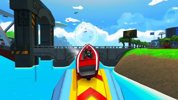 Screenshot from Totally Reliable Delivery Service showing a character steering a red speedboat on bright blue water near a bridge.