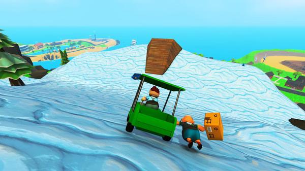 Screenshot from Totally Reliable Delivery Service showing two characters on a snowy hill, one driving a cart, the other pulling a box.