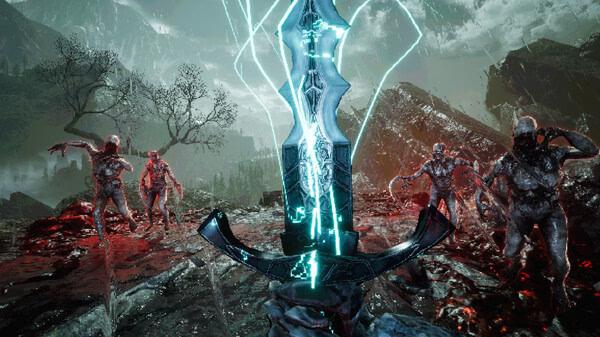 A VOIN screenshot showing a glowing sword held by a player, surrounded by attacking zombie-like creatures in a dark, stormy landscape.