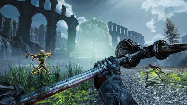 A VOIN screenshot showing a player wielding a hammer, facing glowing enemies near a giant bell in a ruined landscape.