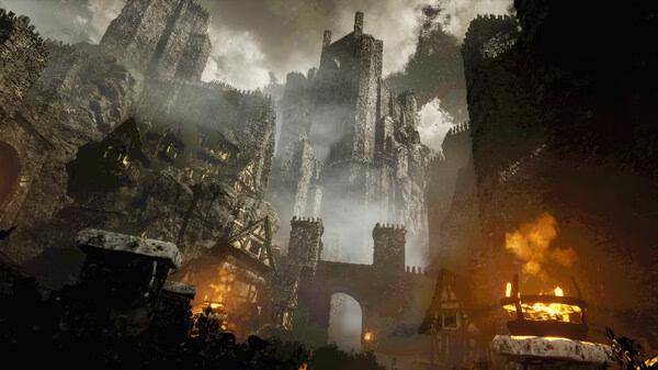 A screenshot from the game VOIN showing a medieval castle with towering stone walls, glowing fires, and misty skies.