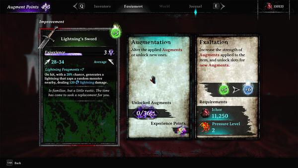 Screenshot from VOIN showing the equipment menu with details of a Lightning Sword and augmentation options.
