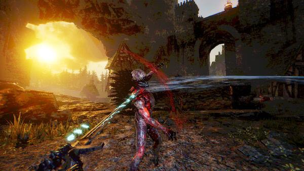 A VOIN screenshot showing a battle scene with a creature wielding a glowing weapon in a medieval-style environment at sunset.