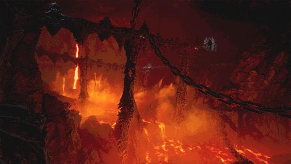 A fiery cavern with molten lava, chains, and jagged rock formations in a VOIN game screenshot.
