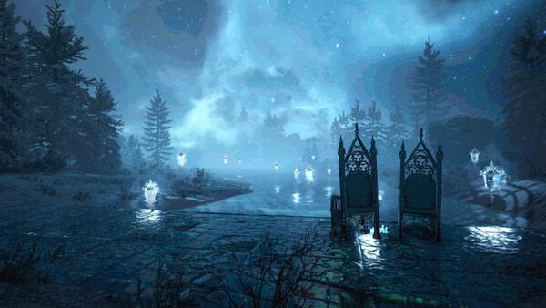 Screenshot from VOIN showcasing a serene, mystical lakeside scene with glowing lanterns and ornate chairs under a starry sky.