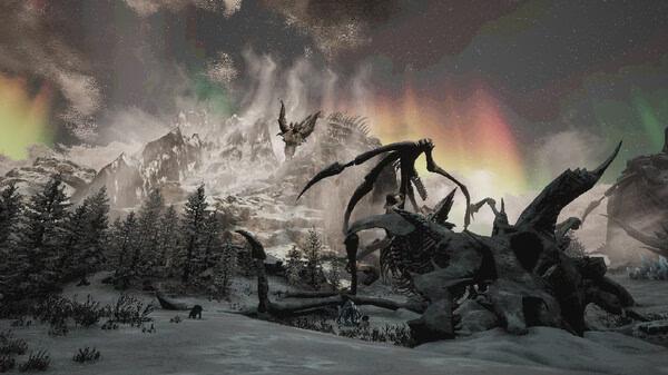 Screenshot from the game VOIN showing a snowy landscape with dragon skeletons, trees, and auroras in the night sky.