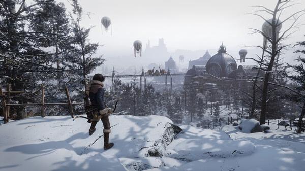 Screenshot from Lies of P: Overture showing a snowy landscape, a character walking, and buildings with airships in the background.