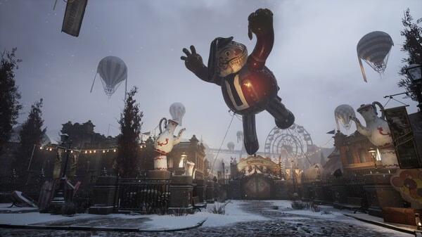 A Lies of P: Overture screenshot showing a snowy carnival with a giant clown balloon, hot air balloons, and festive decorations.