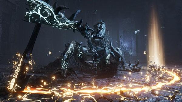 A "Lies of P: Overture" screenshot showing a glowing, mechanical boss wielding a massive weapon in a dark, ruined arena.