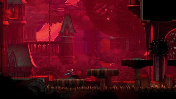 Screenshot from Castlevania: Belmont's Curse showing a character traversing a gothic, red-hued castle with spiked traps below.