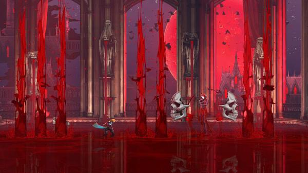 Screenshot from Castlevania: Belmont's Curse showing a hero battling giant skull enemies in a blood-red gothic castle.