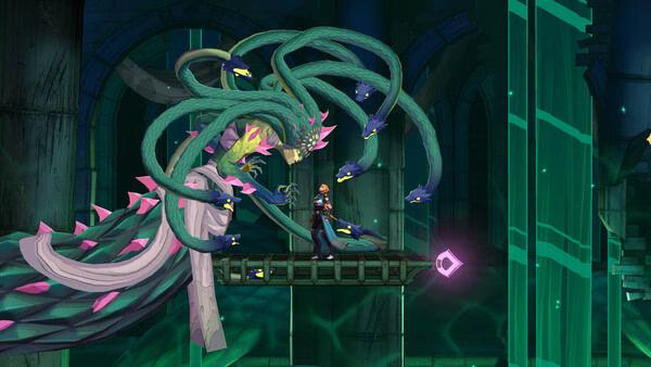 Screenshot from Castlevania: Belmont's Curse showing a hero facing a multi-headed serpent boss in a glowing, eerie dungeon.