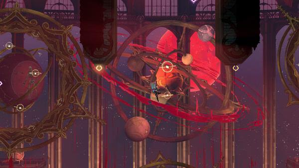 Screenshot from "Castlevania: Belmont's Curse" showing a character navigating a gothic hall with red celestial machinery.
