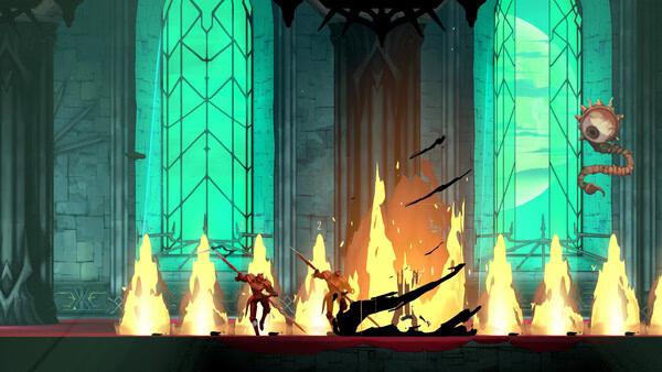 Screenshot from Castlevania: Belmont's Curse showing a fiery battle in a gothic hall with two characters and a floating eye creature.