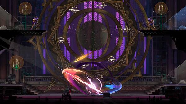 Screenshot from Castlevania: Belmont's Curse showing a grand hall with glowing magical energy swirling near a large clock.