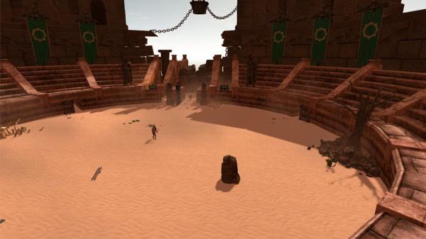 A screenshot from Arena: Blood on the Sand VR showing a gladiator in an empty desert arena surrounded by stone walls and banners.