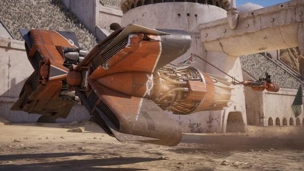 Screenshot from STAR WARS: Galactic Racer™ showing a detailed orange podracer speeding through a Tatooine desert track.