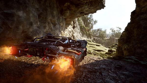A screenshot from STAR WARS: Galactic Racer™ showing a speeder emitting fiery exhaust, racing through a rocky canyon.