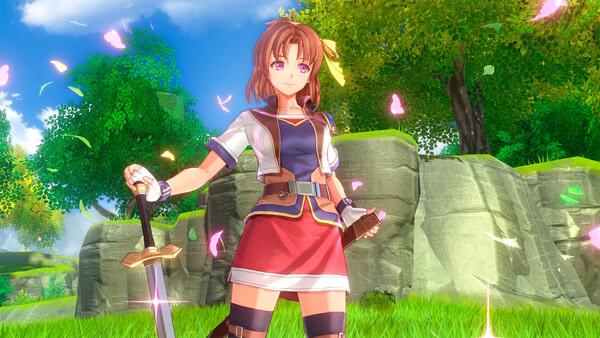 Screenshot from Trails in the Sky 2nd Chapter showing a character holding a sword in a vibrant outdoor setting with trees and flowers.