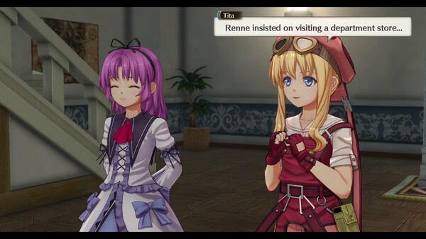 Screenshot from Trails in the Sky 2nd Chapter showing Tita and Renne standing indoors, with dialogue about visiting a department store.