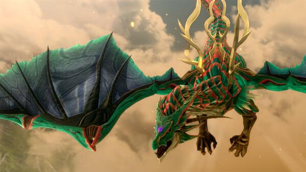 Screenshot from Trails in the Sky 2nd Chapter showing a detailed, colorful dragon with large wings flying against a cloudy sky.