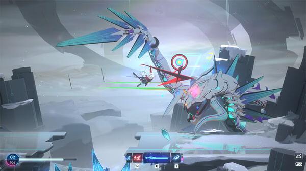 A screenshot from Neon Echo showing a player battling a large robotic bird in a snowy, futuristic landscape.