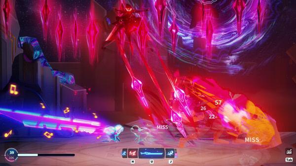 Screenshot from Neon Echo showing a vibrant battle scene with a glowing character fighting enemies amidst red energy effects.