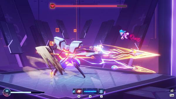 Neon Echo screenshot: A fast-paced battle scene with a mech firing energy beams and a character dodging in a neon-lit arena.