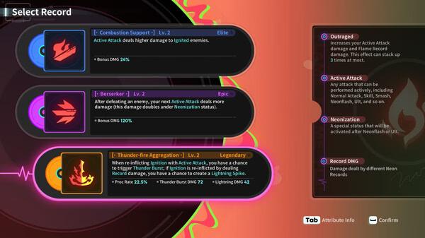 A screenshot from Neon Echo showing the "Select Record" menu with various ability upgrades and their descriptions.