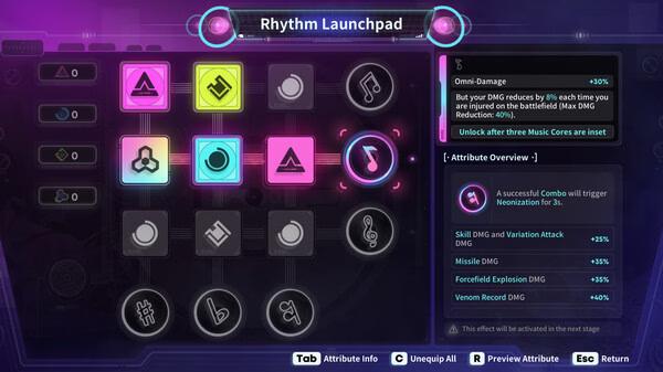 Screenshot of Neon Echo's Rhythm Launchpad menu, displaying skill icons, attribute effects, and upgrade options.