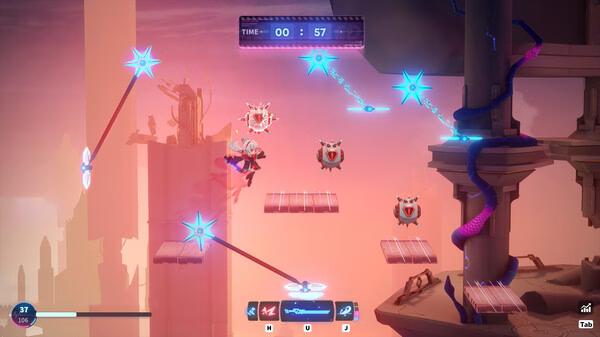 Screenshot from Neon Echo showing a character jumping across platforms with glowing blue stars and enemy robots in a sunset sky.