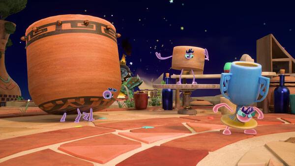 Screenshot from the game Kiln showing colorful pottery characters with expressive faces in a clay-themed setting at night.